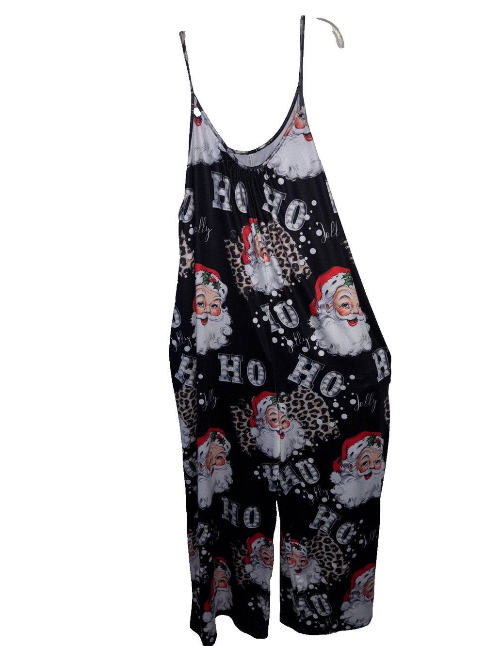 Retro Santa Leopard Print Jumpsuit Womens 5XL Christmas Wide Leg Romper Pockets